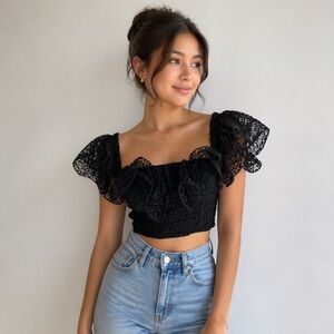 NWT Hausen Lia Black Off The Shoulder Ruffled Crop Top Smocked Sheer S Small